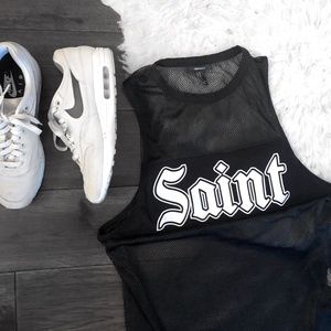 NWOT - Trendy Black Net Mesh SAINT Graphic Jersey Tank
